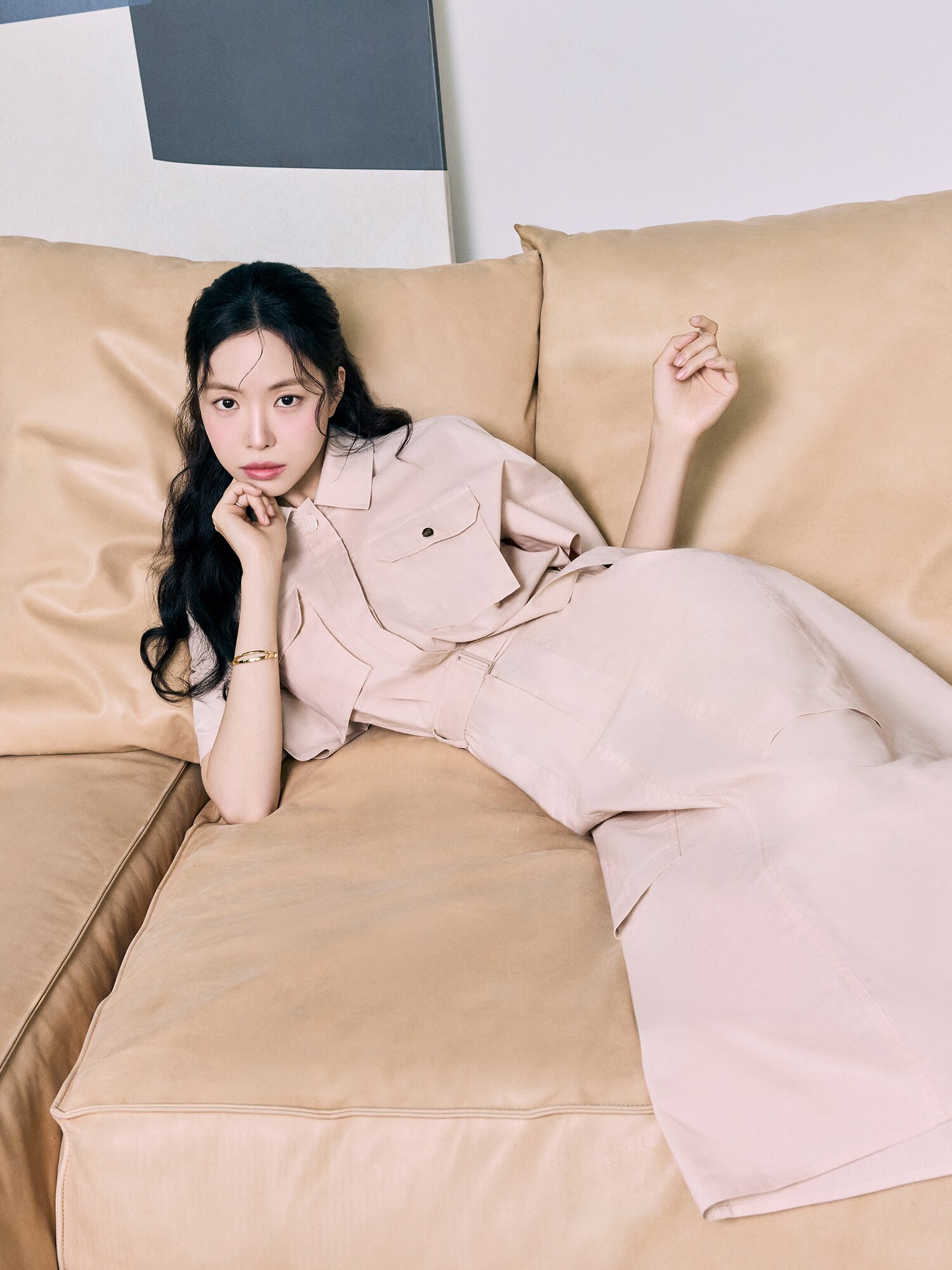 벨트 장식 플레어 셔츠 원피스 (LIGHT BEIGE)