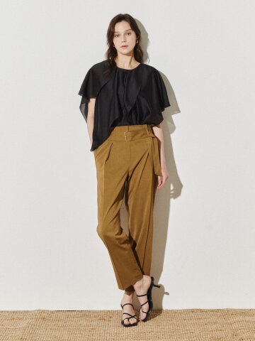 하이웨이스트 벨티드 테이퍼드 팬츠 