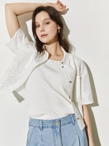 플라워 시퀸 디테일 카라 셔츠 