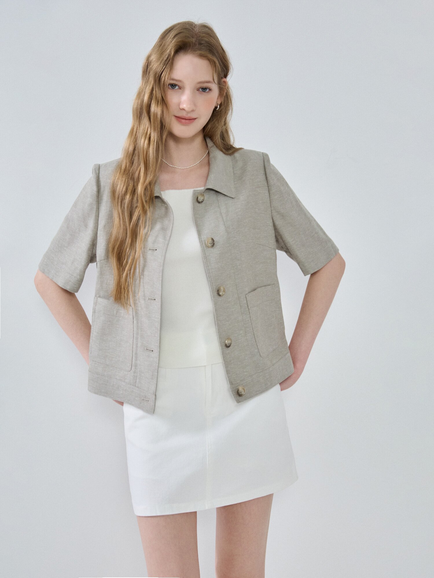 린넨 헤링본 아웃 포켓 재킷 (KHAKI)