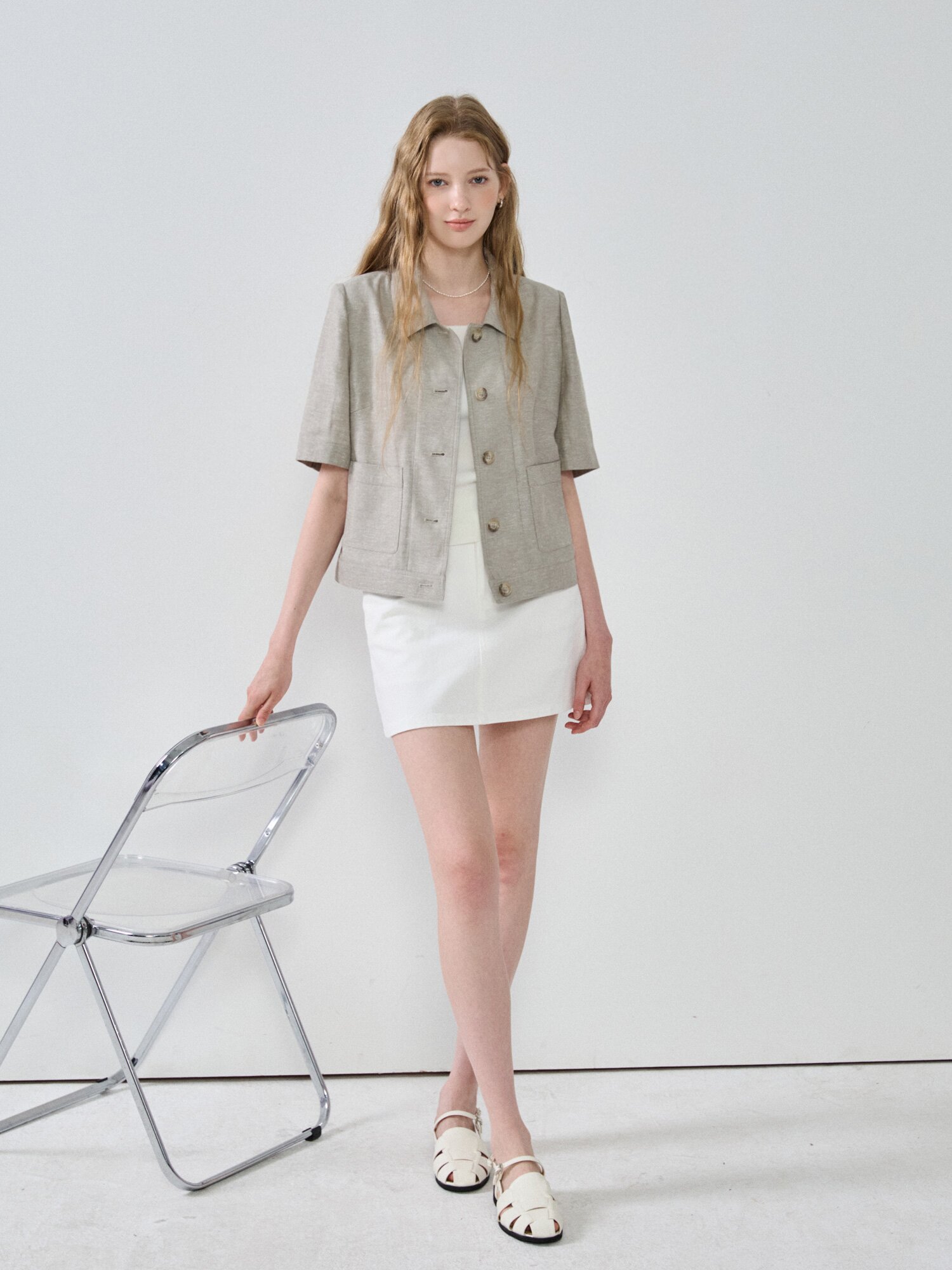 린넨 헤링본 아웃 포켓 재킷 (KHAKI)