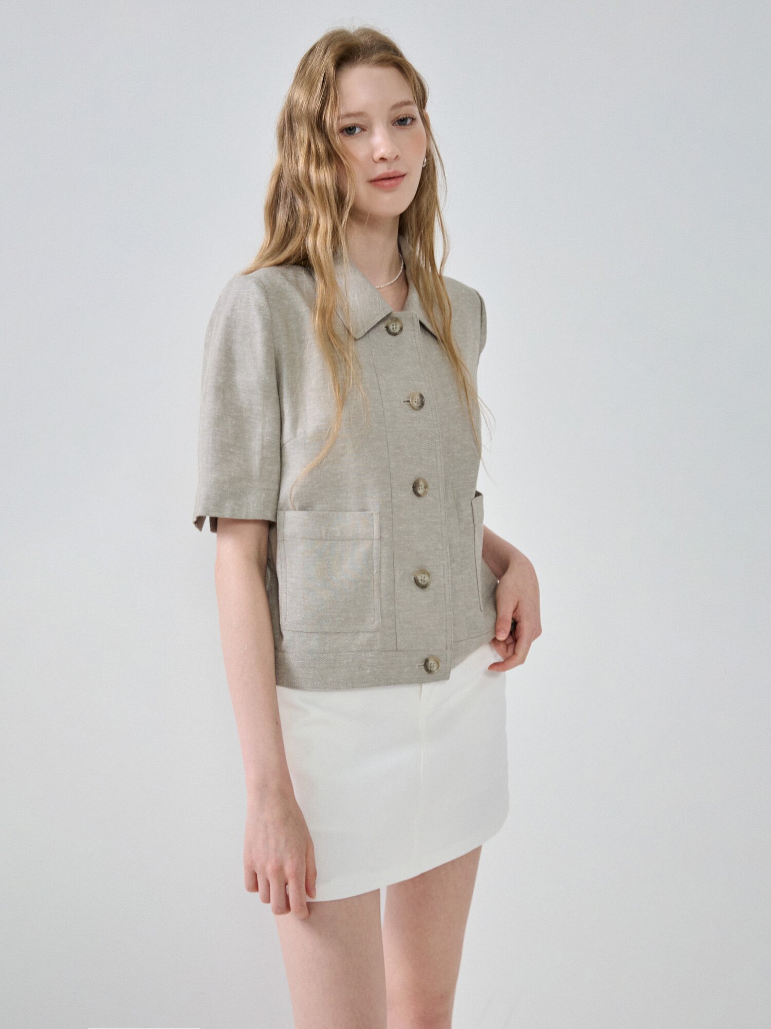 린넨 헤링본 아웃 포켓 재킷 (KHAKI)