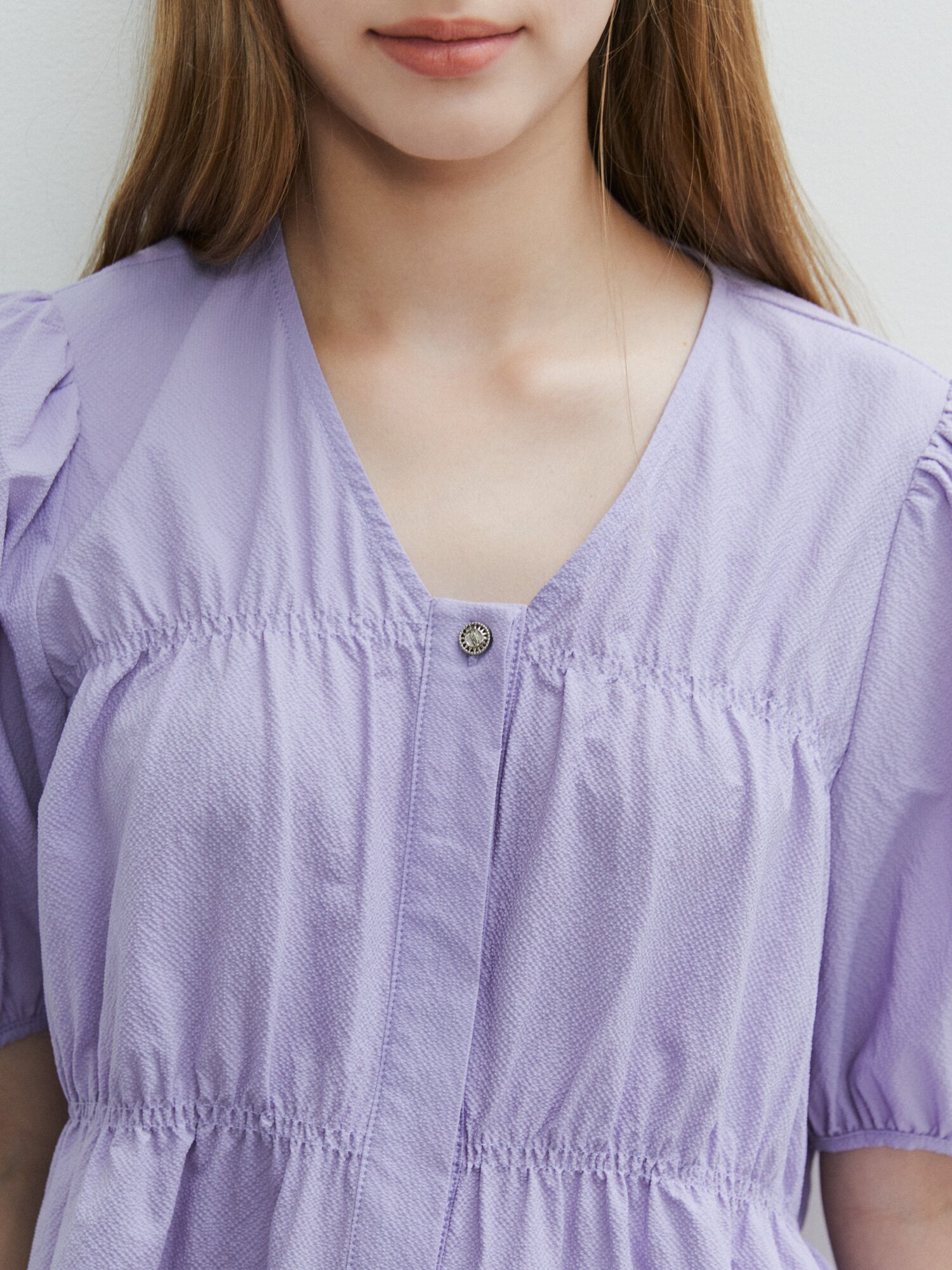 셔링 퍼프 플레어 블라우스 (LILAC)