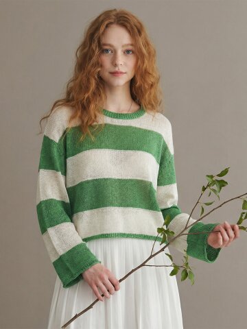 [26NEW] 린넨 스트라이프 세미 크롭 니트 긴팔_2 Colors