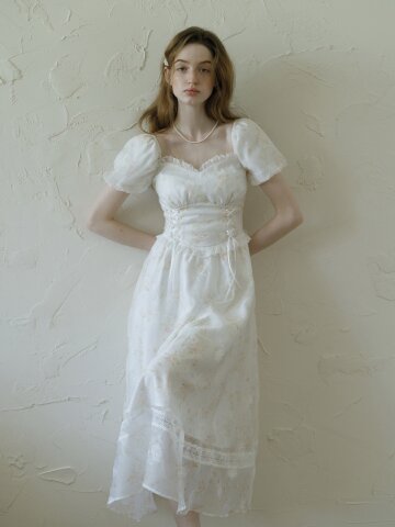 LB_Floral lace slim puff sleeve dress