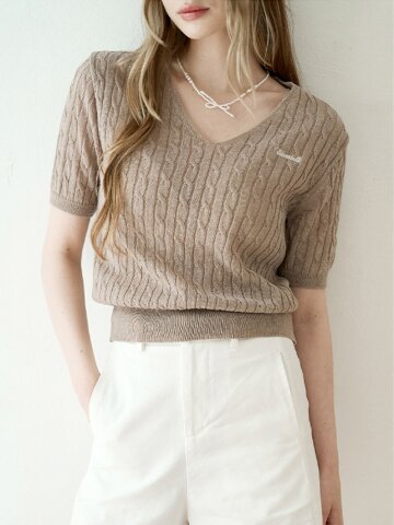 Summer cable v-neck knit - Brown