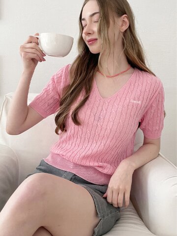 Summer cable v-neck knit - Pink