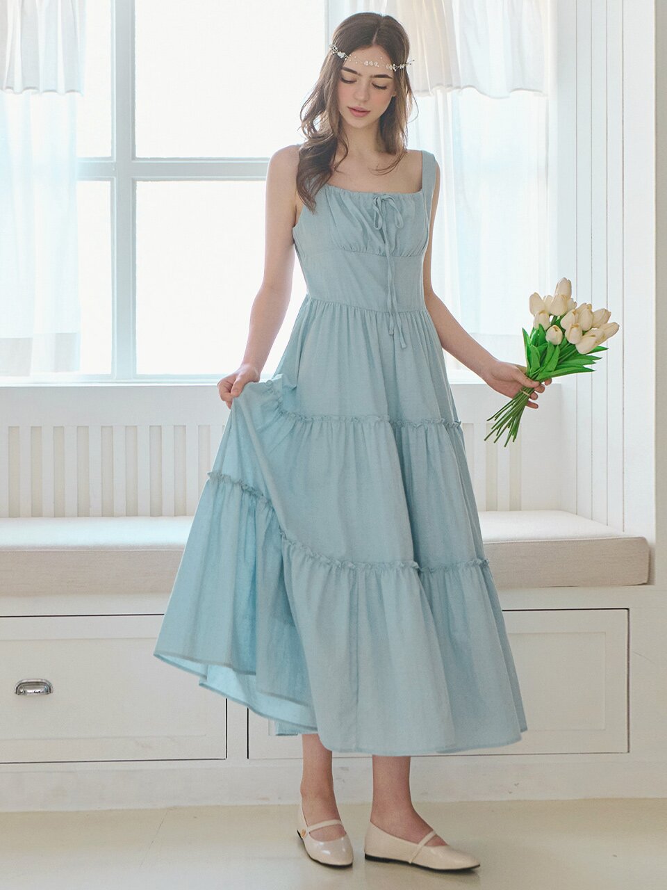 [카리나 착용][컬러추가] Ribbon shirring sleeveless dress_4 Colors