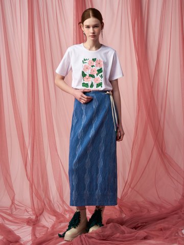 [페리 메라] 데님 자가드 H라인 롱 스커트 (블루)