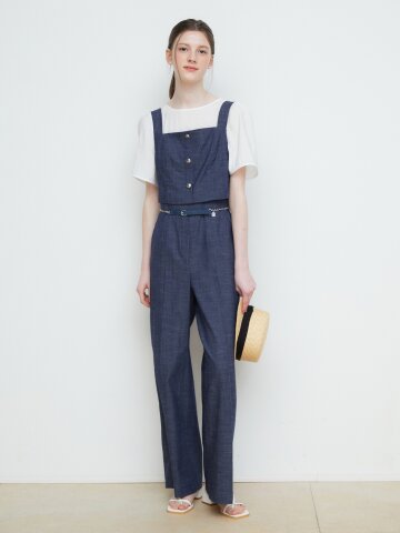 레이어 와이드 데님 점프 수트 
