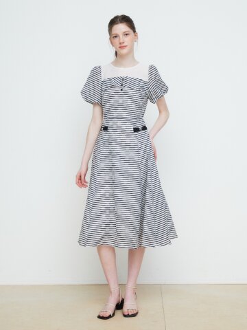 시스루 배색 퍼프 플레어 원피스 