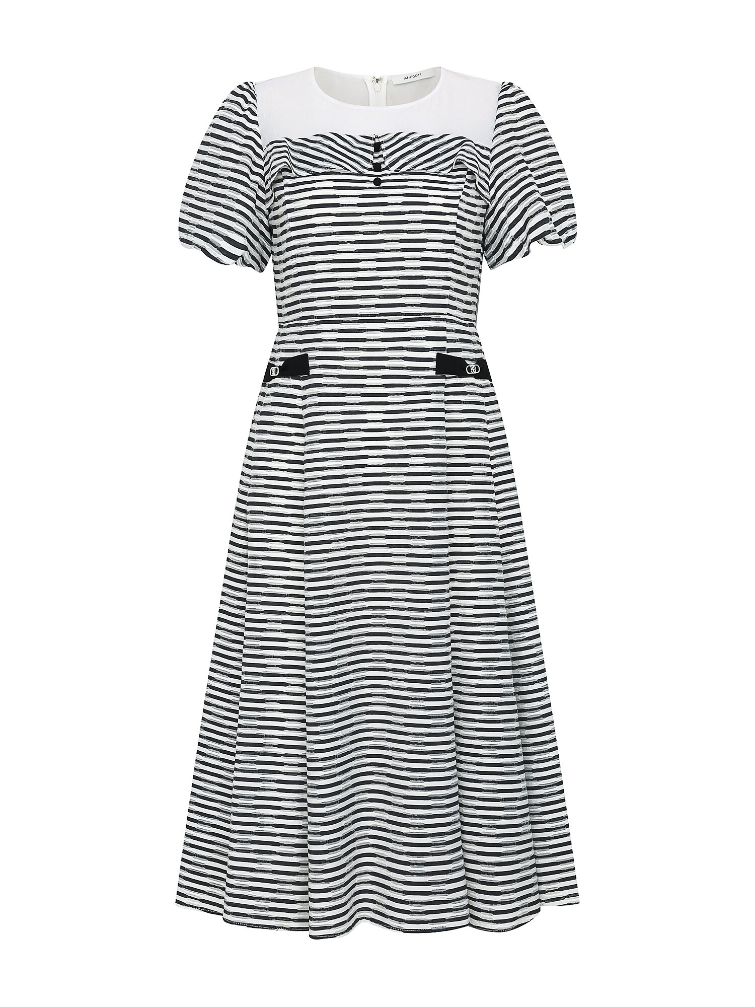 시스루 배색 퍼프 플레어 원피스 (STRIPE NAVY)