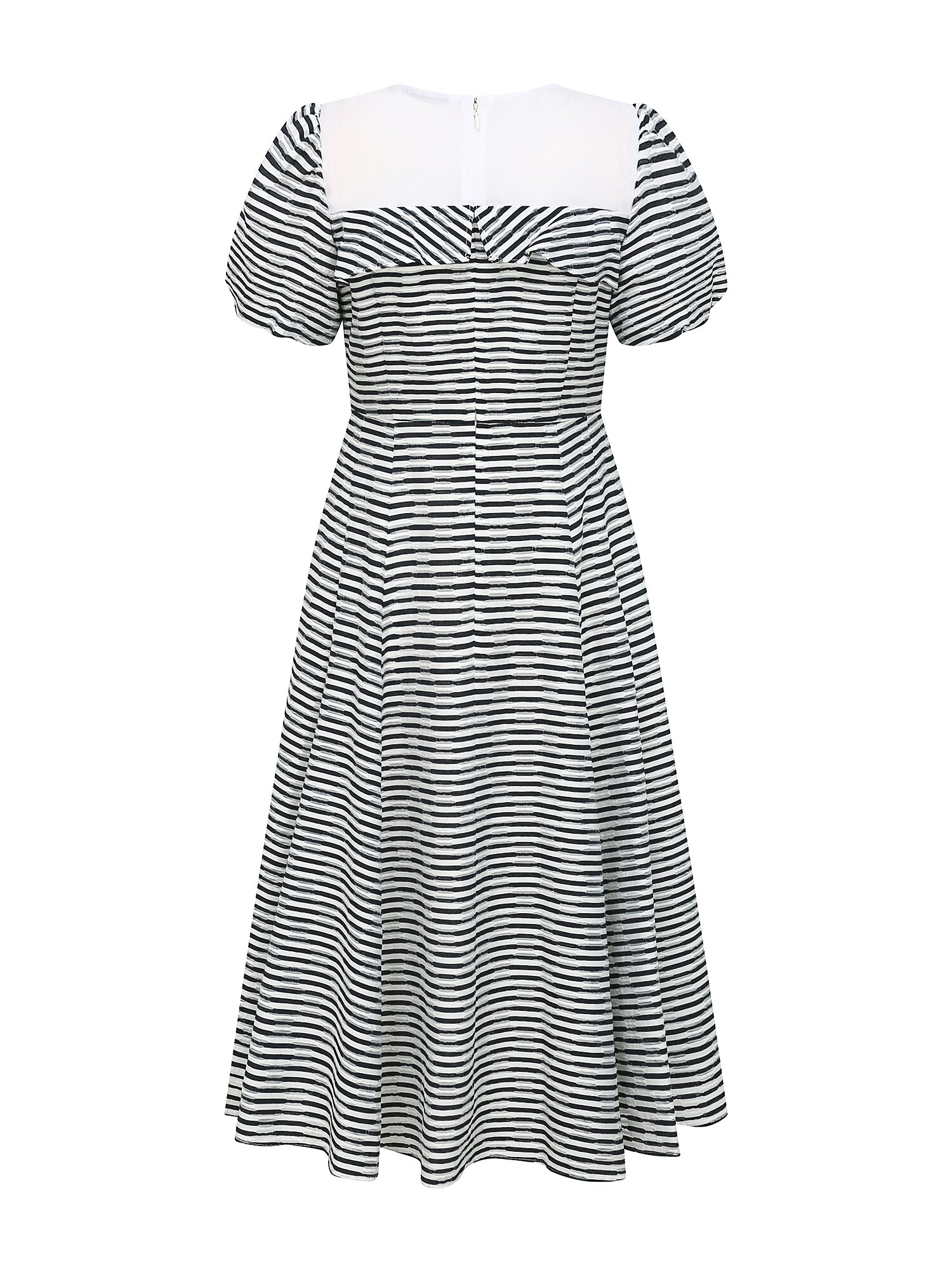 시스루 배색 퍼프 플레어 원피스 (STRIPE NAVY)