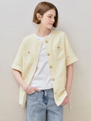 트위드 아웃 포켓 라운드넥 재킷 