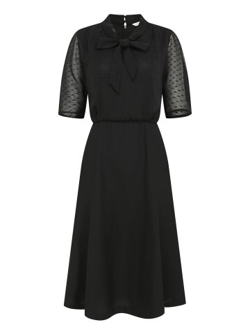 도트 배색 타이넥 플레어 원피스 