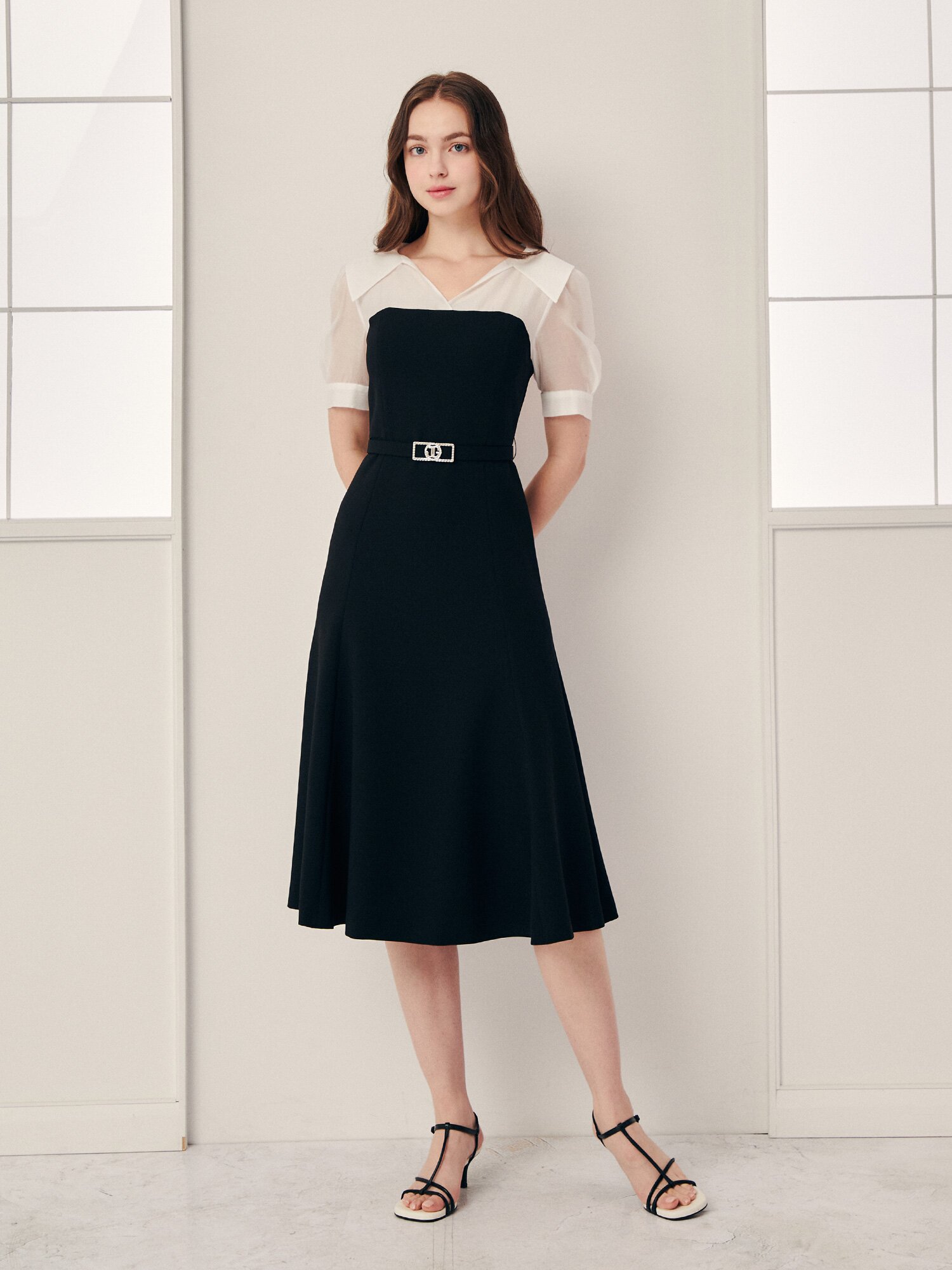 셔츠 배색 머메이드 원피스 (ZET BLACK)