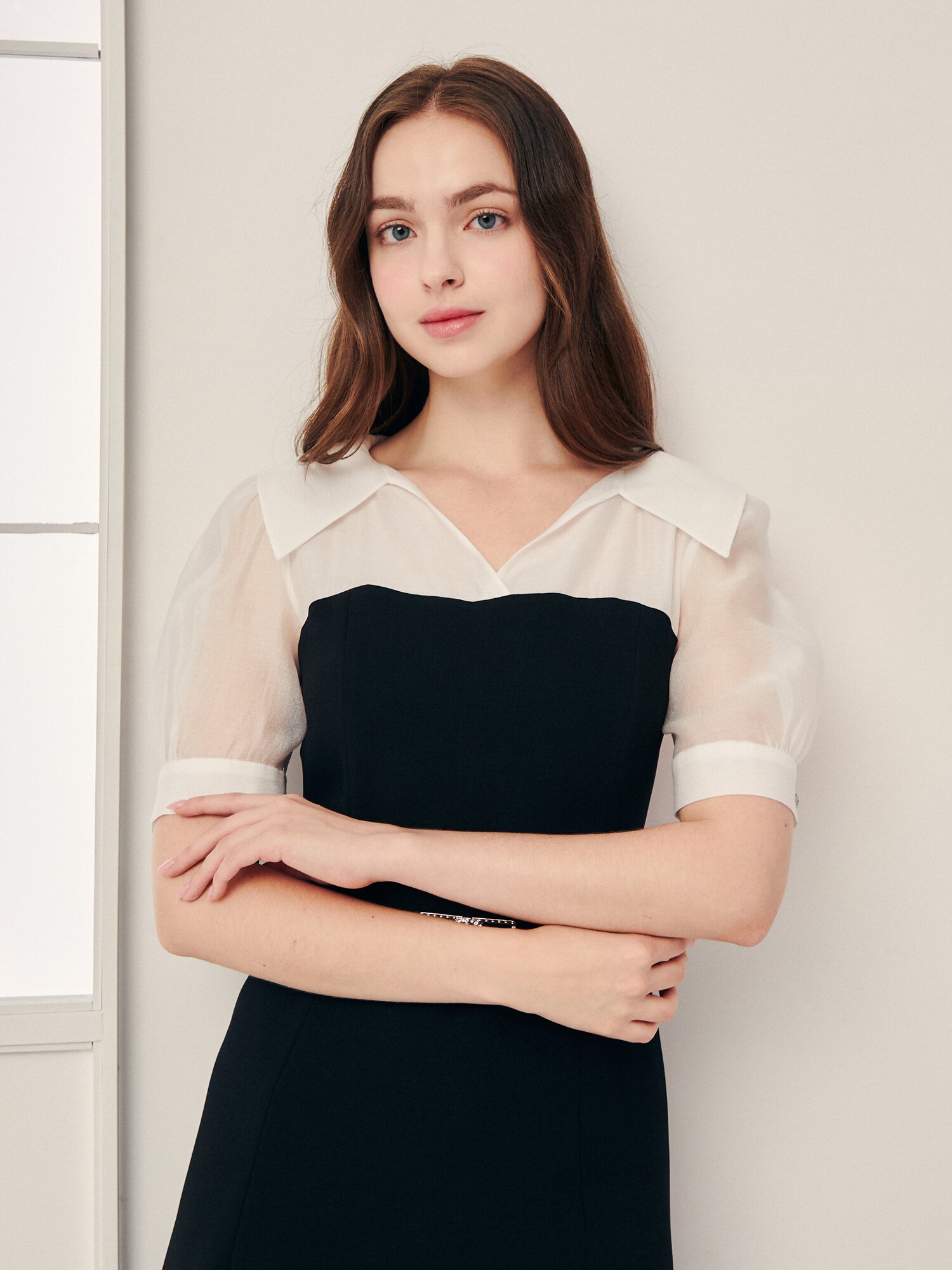 셔츠 배색 머메이드 원피스 (ZET BLACK)