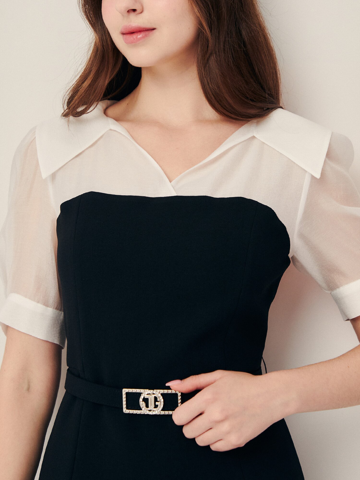 셔츠 배색 머메이드 원피스 (ZET BLACK)