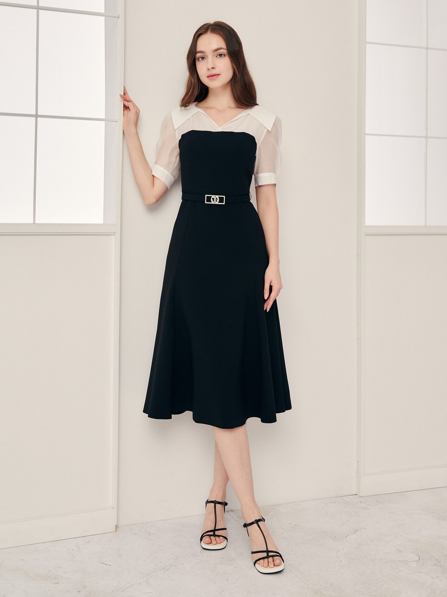 셔츠 배색 머메이드 원피스 (ZET BLACK)