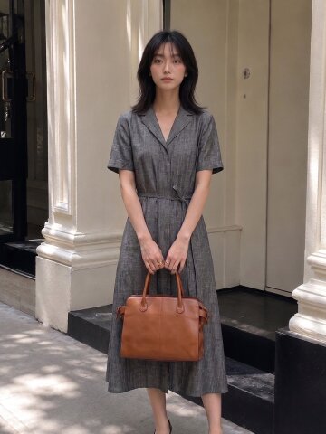 벨티드 오픈 칼라 A라인 원피스 
