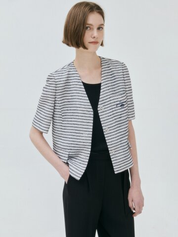 스트라이프 자수 브이넥 크롭 재킷 