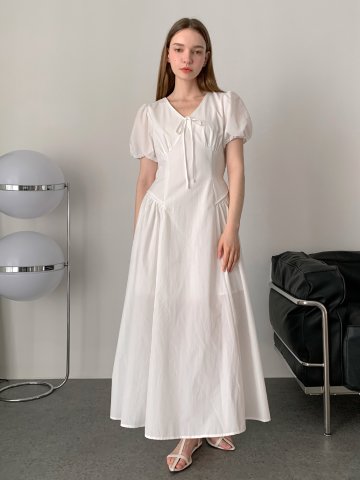 셔링 퍼프 리본 롱 원피스 (3colors)