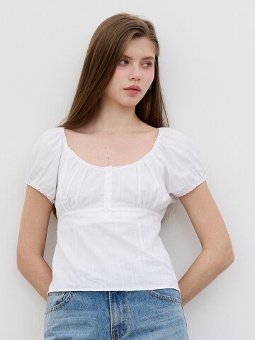 리본 코튼 스퀘어넥 블라우스  Ribbon Cotton Square Neck Blouse White