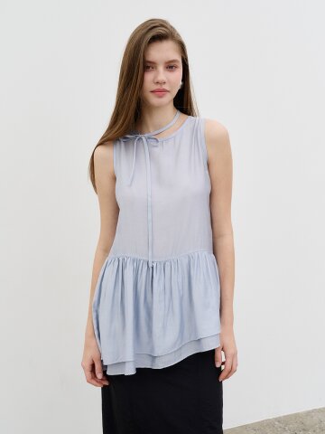 리본 넥 레이어드 민소매 블라우스 Ribbon neck layered sleeveless blouse Skyblue