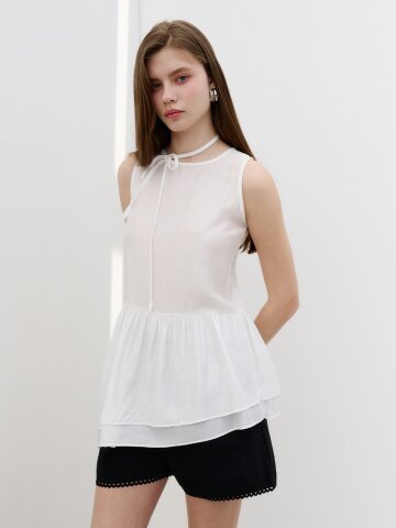 리본 넥 레이어드 민소매 블라우스 Ribbon neck layered sleeveless blouse White