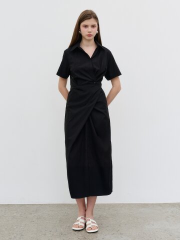 드레이프 랩 셔츠 드레스 Draped wrap shirt dress Black