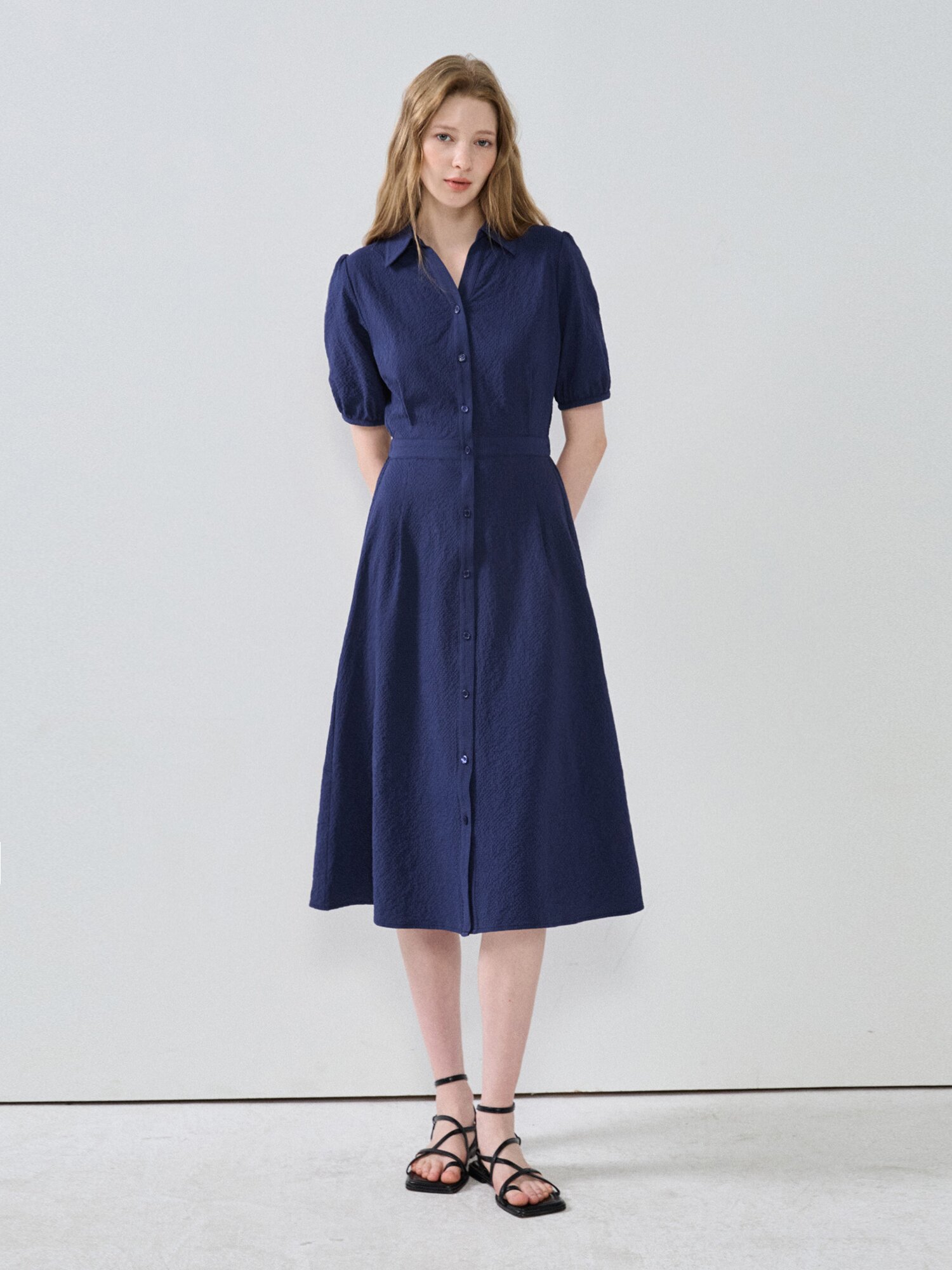 퍼프 슬리브 셔츠 원피스 (NAVY)