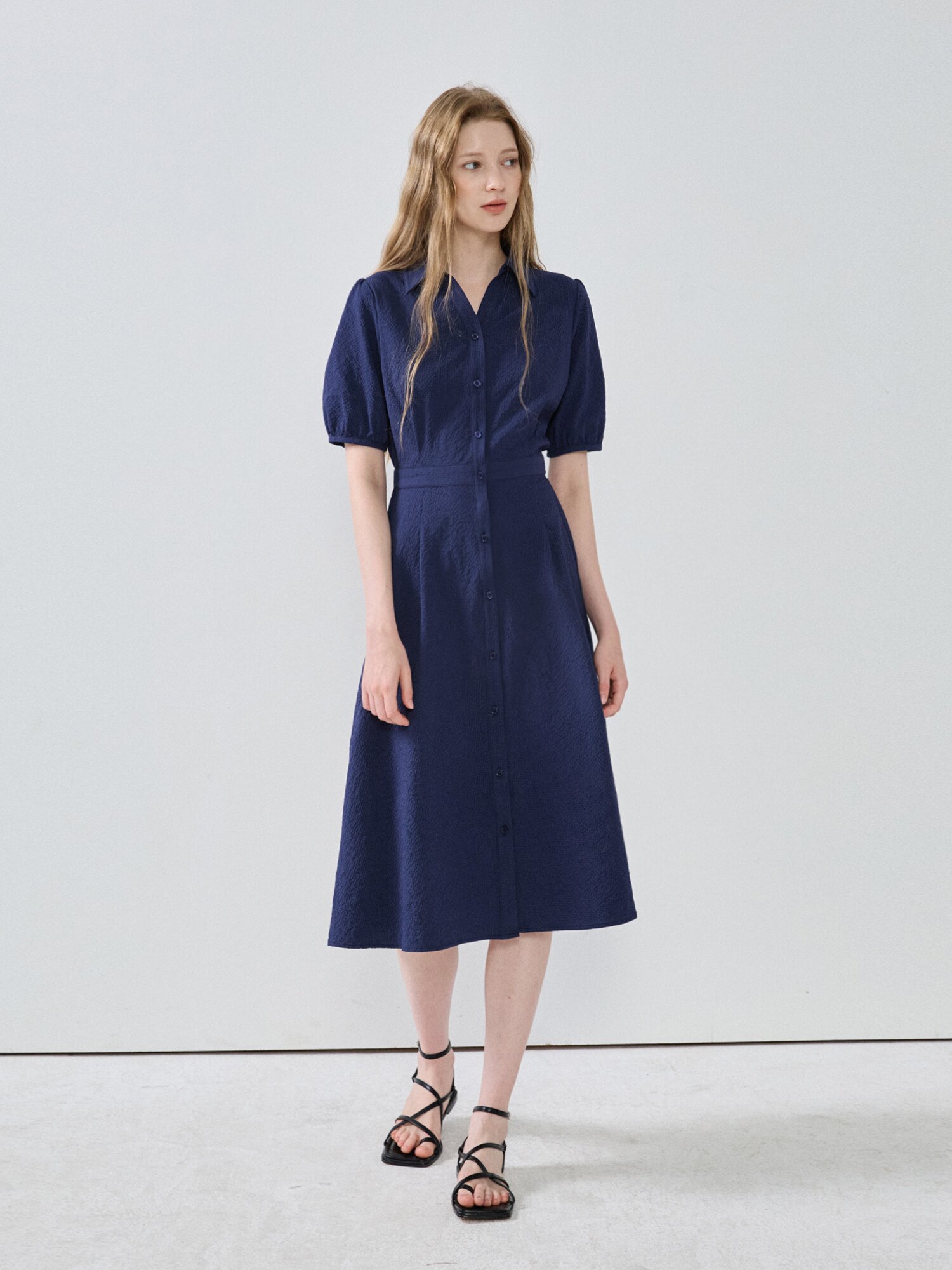 퍼프 슬리브 셔츠 원피스 (NAVY)