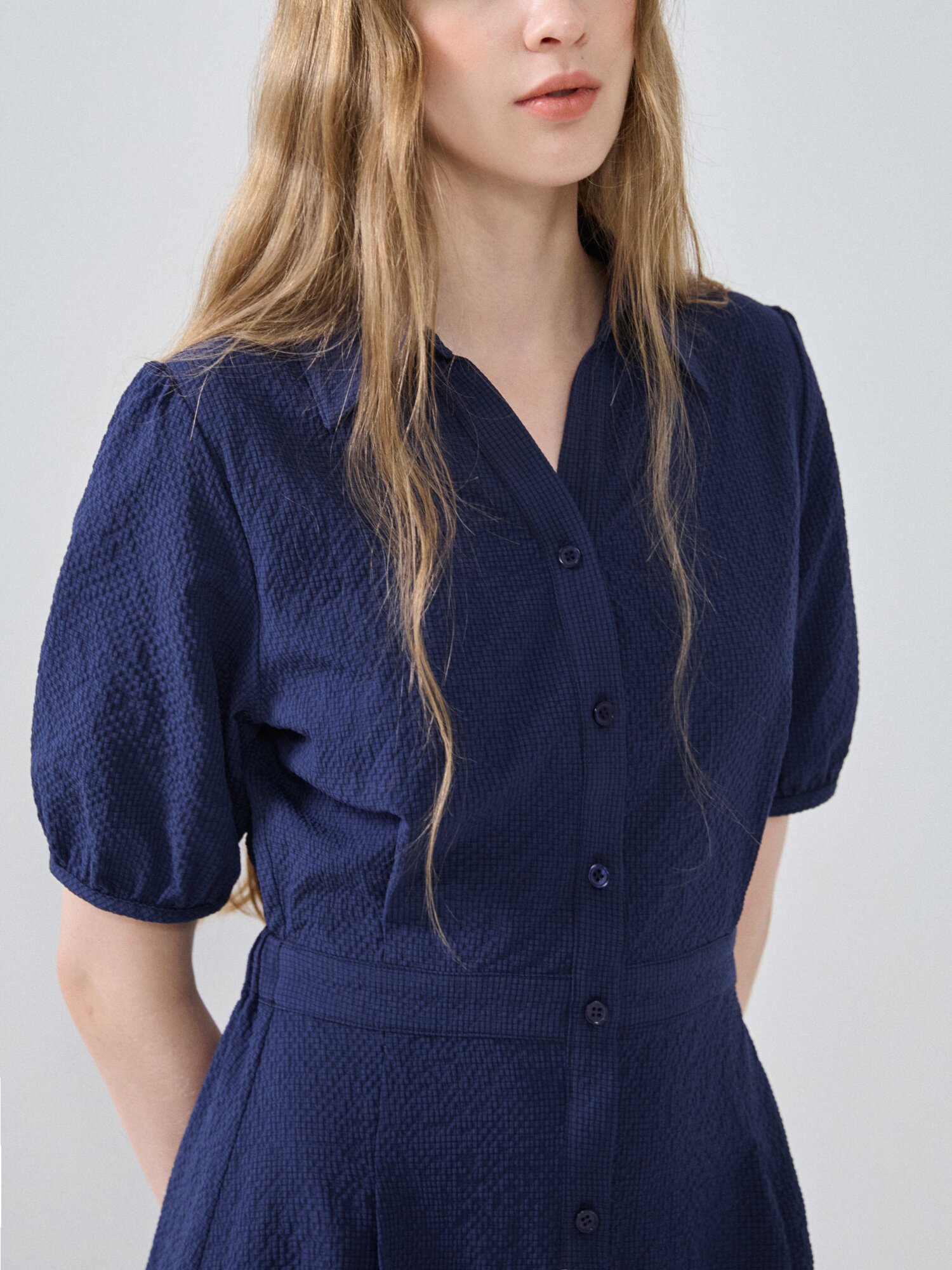 퍼프 슬리브 셔츠 원피스 (NAVY)