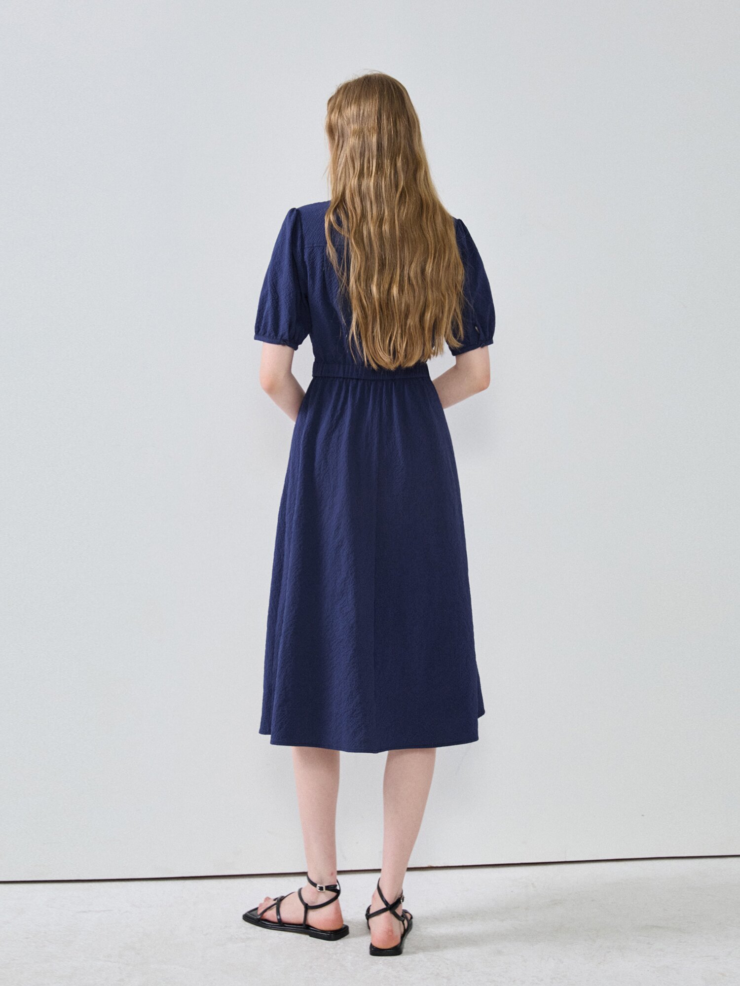 퍼프 슬리브 셔츠 원피스 (NAVY)