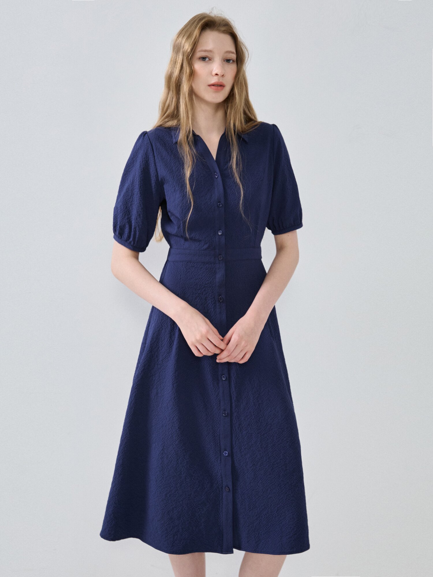 퍼프 슬리브 셔츠 원피스 (NAVY)