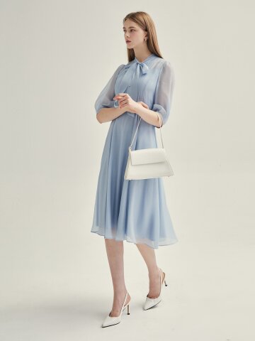 핀턱 리본 타이넥 플레어 원피스 