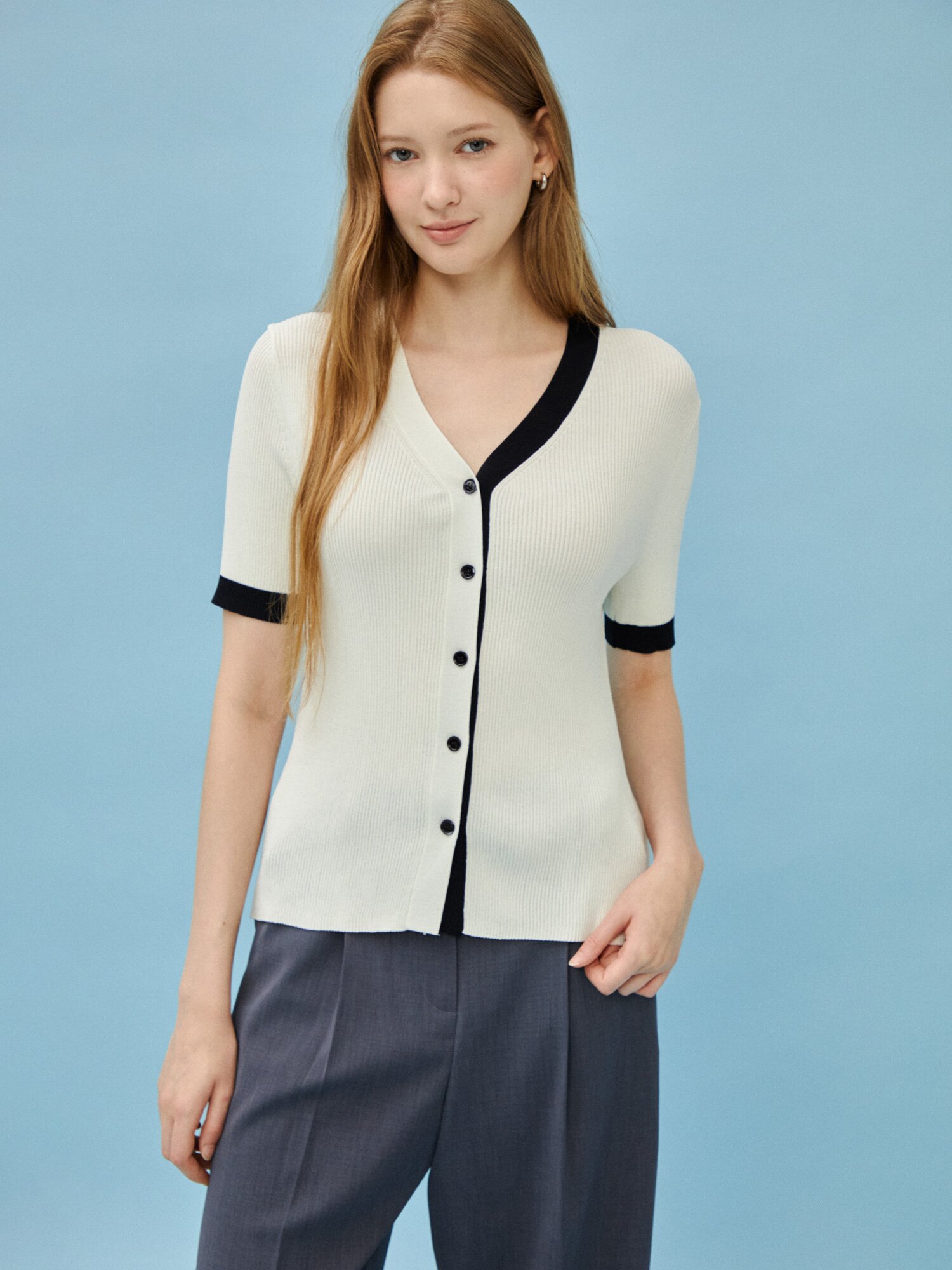 골지 배색 브이넥 가디건 (IVORY)