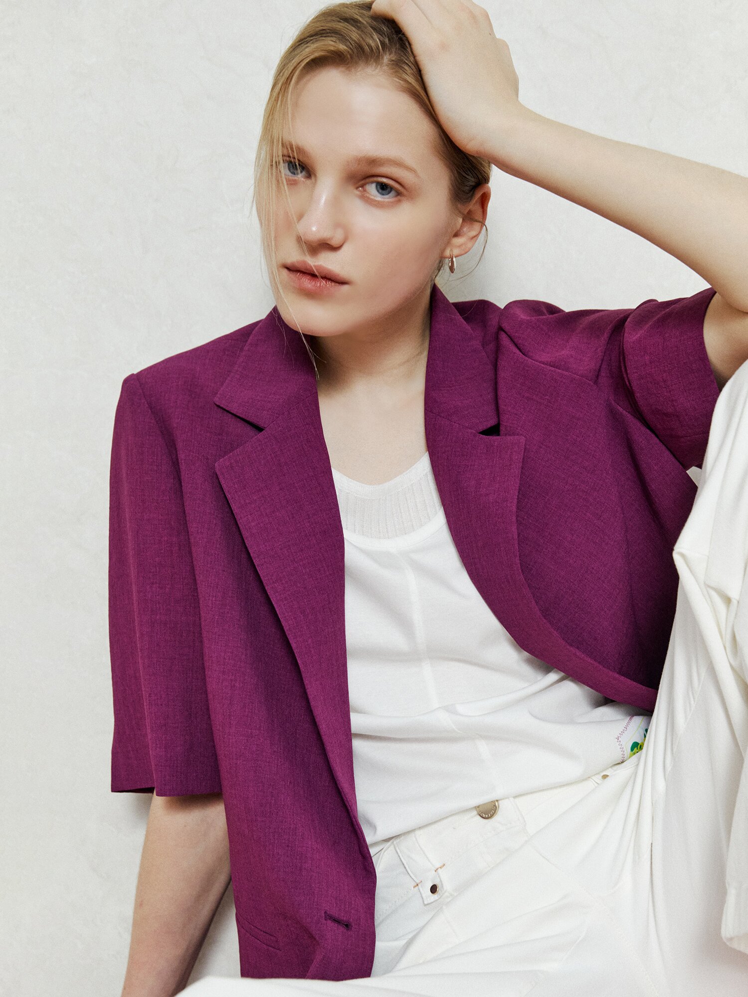 브이넥 테일러드 반팔 블레이저 (PURPLE)