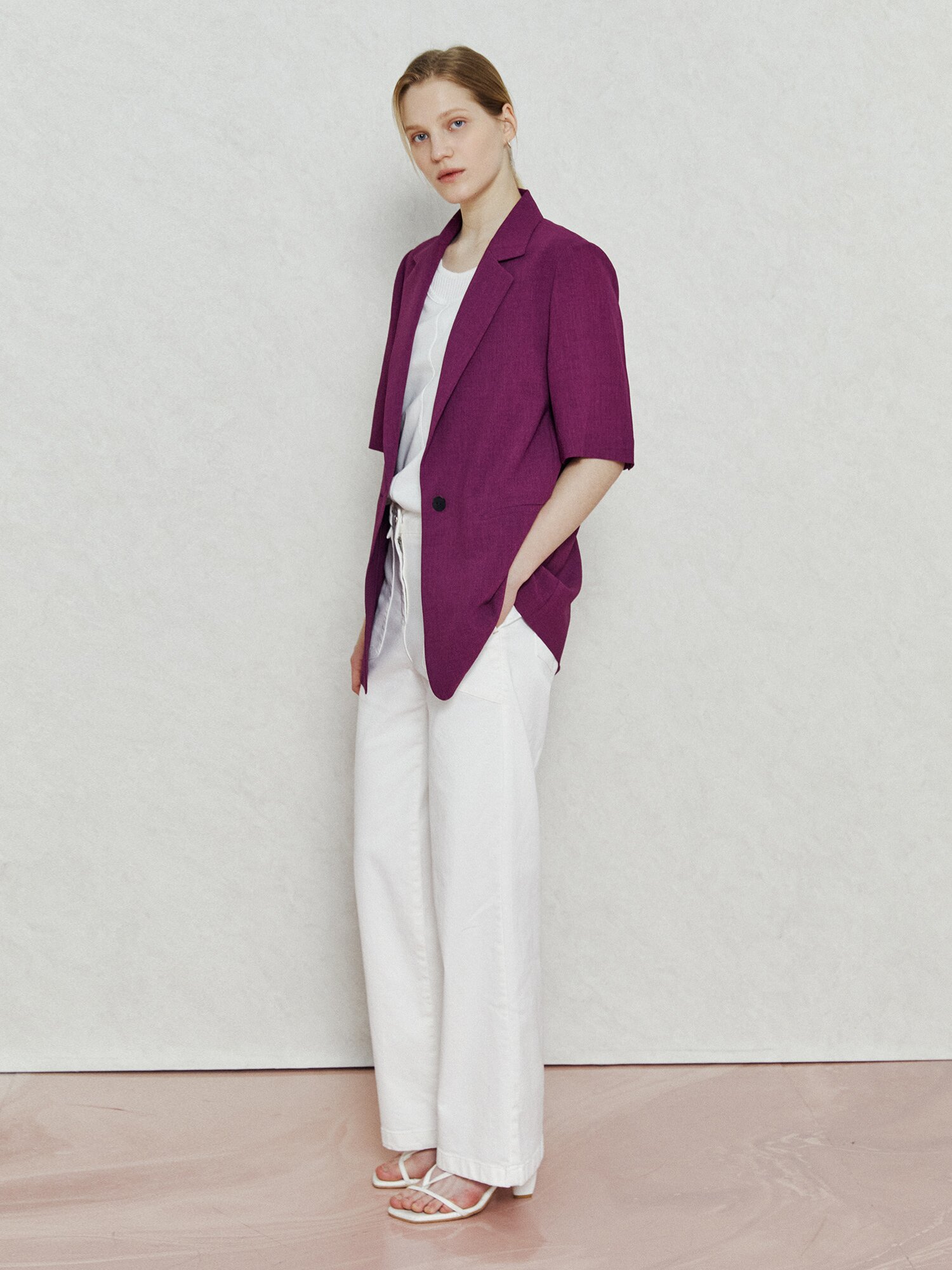 브이넥 테일러드 반팔 블레이저 (PURPLE)