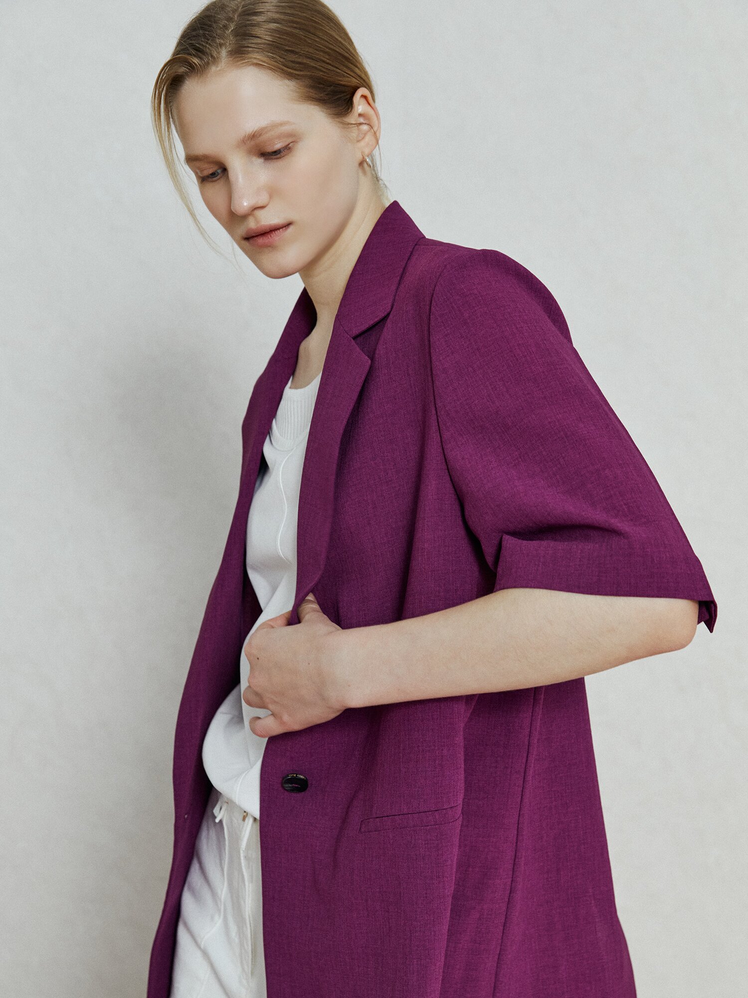 브이넥 테일러드 반팔 블레이저 (PURPLE)