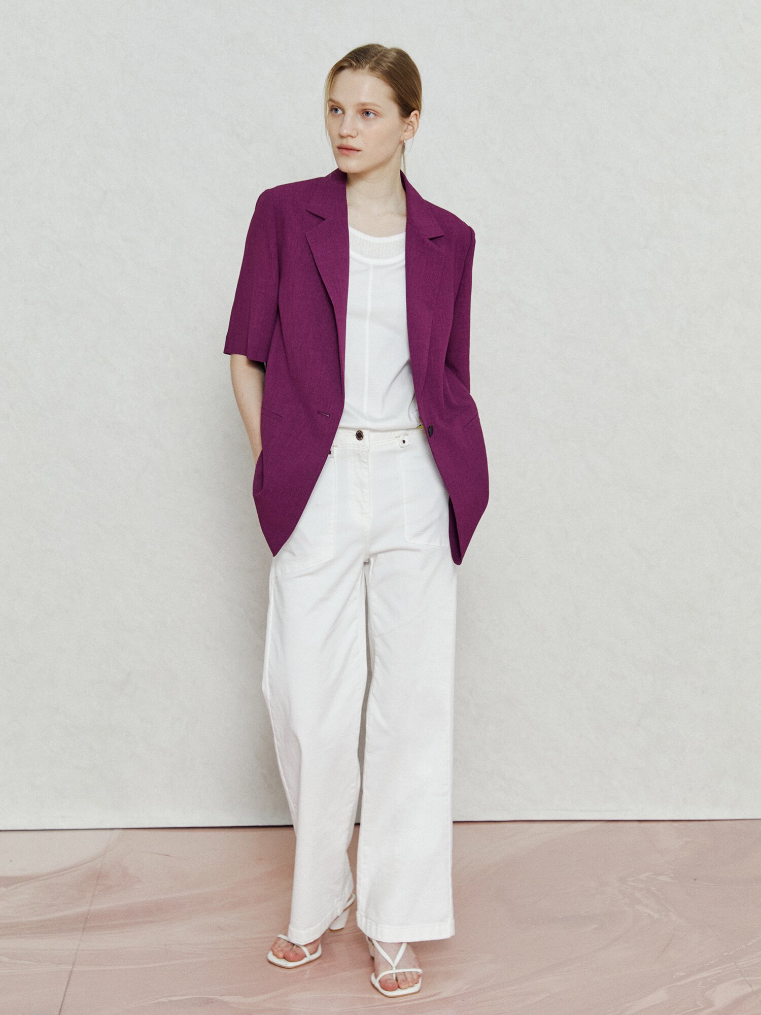 브이넥 테일러드 반팔 블레이저 (PURPLE)