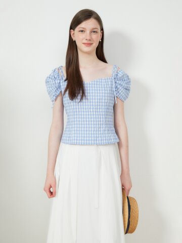 백 스모킹 퍼프 하트넥 블라우스 