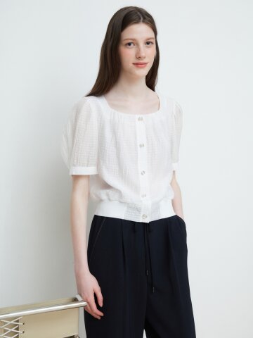 체크 버튼 장식 크롭 블라우스 