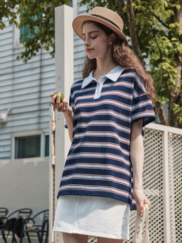 스트라이프 카라 반팔 티셔츠 / 스트라이프 네이비