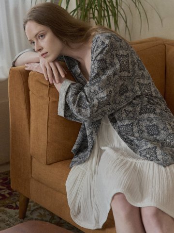 Paisley Cotton Robe Jacket - NAVY