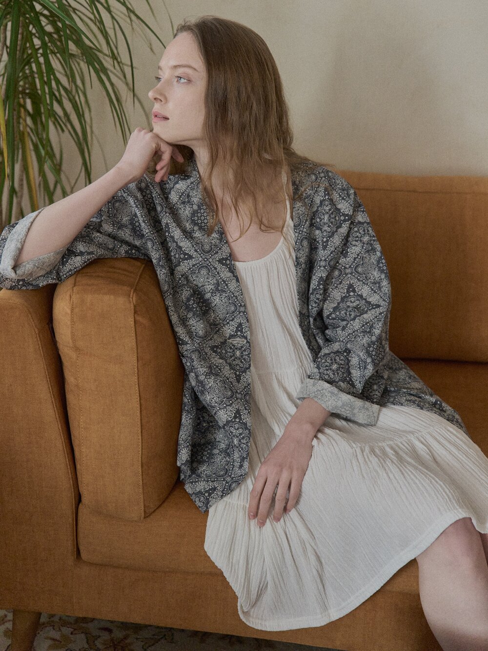 Paisley Cotton Robe Jacket - NAVY
