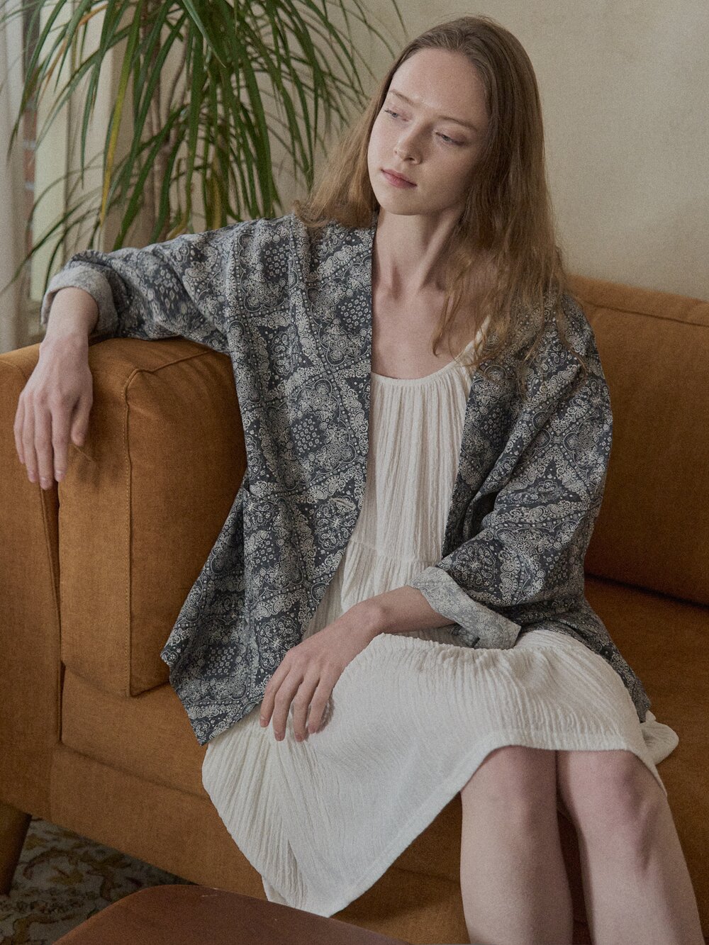 Paisley Cotton Robe Jacket - NAVY
