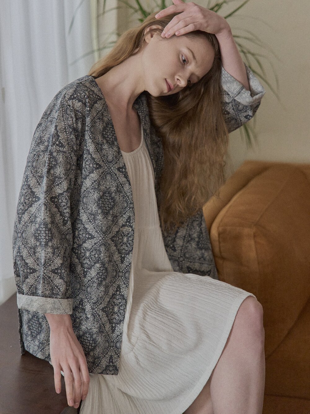 Paisley Cotton Robe Jacket - NAVY