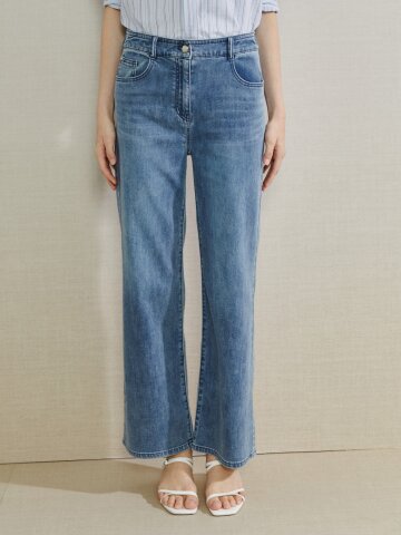 백 밴딩 세미 와이드 데님 팬츠 