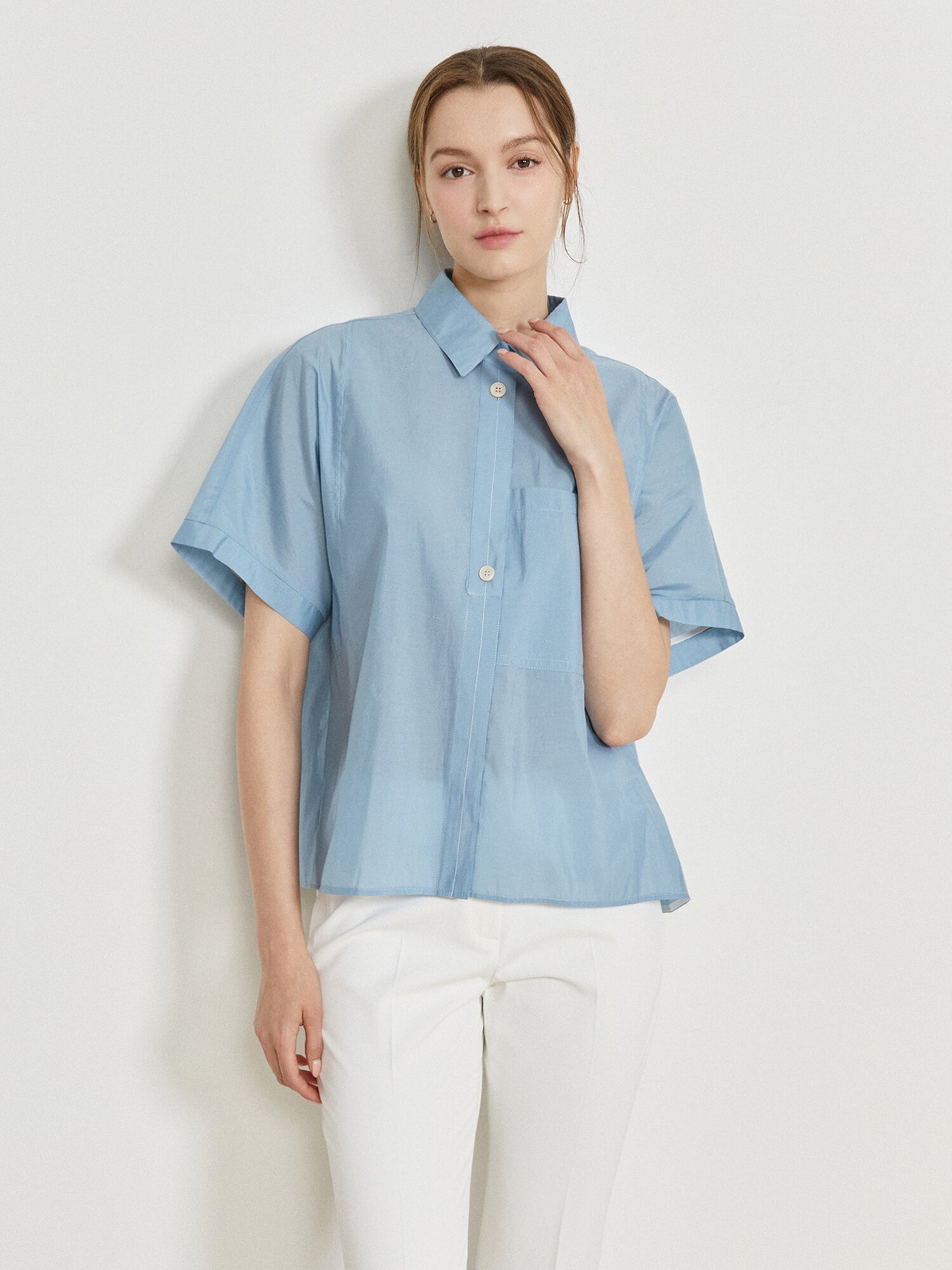 오간자 백 플리츠 블라우스 (SKY BLUE)